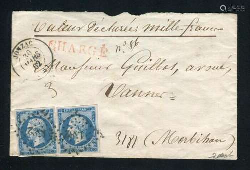 France 1862 - Rare letter from Jonzac for Vannes with two n°...