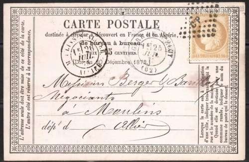 France 1875 - Postcard for Moulin with N° 55, ‘CP’ itinerant...
