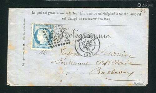 France 1875 - Rare lettre pour Télégramme de Bordeaux pour B...