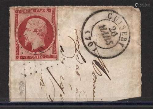 France 1853 - N°18 1fr Carmine, cancelled on fragment of fro...