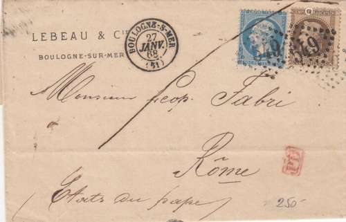 France 1868 - RARE Reg. letter Boulogne s mer- Roma - Michel...