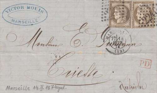 France 1874 - RARE Reg. letter Marseille-Triest (high catalo...