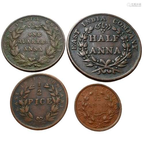 British East Indies. Lot. Half Anna/Quarter Anna/1/12 Anna/1...
