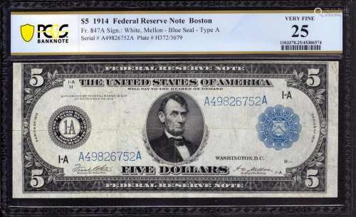 1914 $5 FEDERAL RESERVE NOTE BOSTON FR.847a WHITE MELLON PCG...