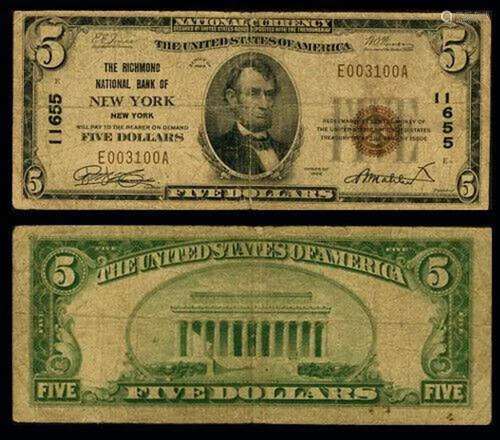 New York NY $5 1929 T-1 National Bank Note Ch #11655 Richmon...