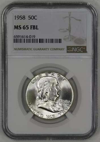 1958 FRANKLIN HALF DOLLAR 50C NGC MS 65 FBL MINT UNC - FULL ...