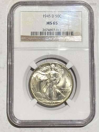 1945 D Walking Half Dollar NGC MS-65 w/strike through in Obv...