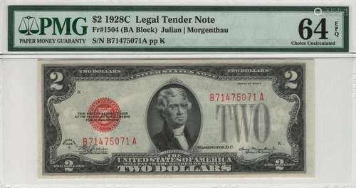 1928 C $2 LEGAL TENDER RED SEAL FR.1504 BA BLOCK PMG CERTIFI...