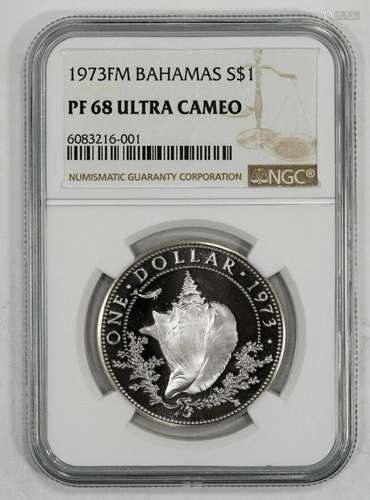 1973 FM PROOF BAHAMAS DOLLAR S$1 SILVER CONCH SHELL NGC PF 6...