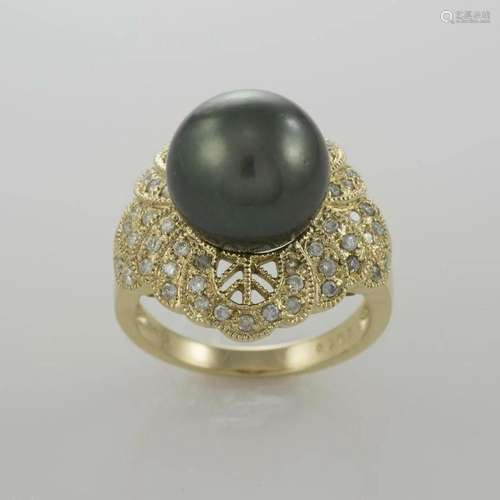 14k Yellow Gold Ladies 12mm Tahitian Pearl Ring with 0.50tdw...