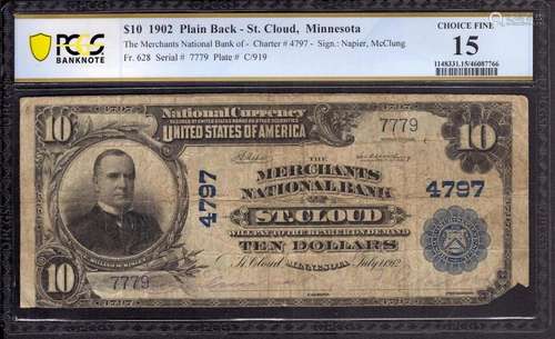 1902 $10 MERCHANTS NATIONAL BANKNOTE CURRENCY ST.CLOUD MINNE...