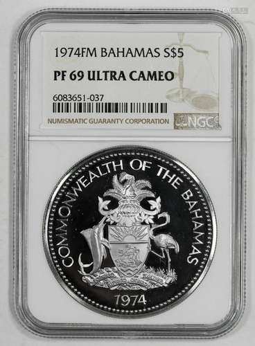 1974 FM PROOF BAHAMAS SHIELD FLAG S$5 PIRATE MOTTO NGC PF 69...