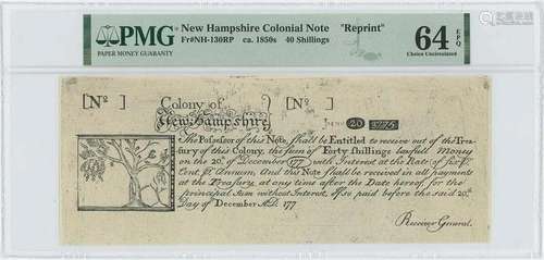 1775 New Hampshire 40 Shilling NH-130 PMG CU64 EPQ c.1850 Co...