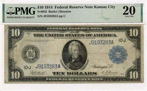 1914 $10 Federal Reserve Note Kansas City KS Fr# 942 PMG VF2...