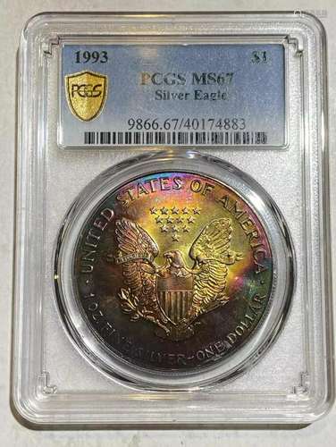 1993 P Silver Eagles PCGS MS-67 Rainbow Toning