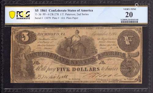 1861 $5 CONFEDERATE STATE OF AMERICA NOTE T-36 PF-4 PCGS B V...