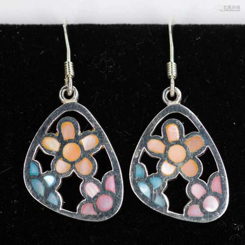 STERLING SILVER PINK BLUE ORANGE FLOWER DROP EARRINGS 925 NE...