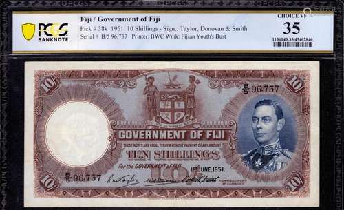 1951 10 SHILLINGS GOVERNMENT OF FIJI PICK 38K KING GEORGE VI...