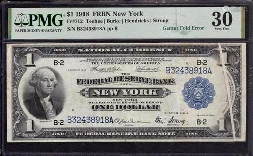 1918 $1 FEDERAL RESERVE BANKNOTE GUTTER FOLD ERROR FR.712 PM...