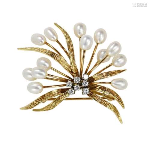 14K Yellow Gold Vintage Pearl & Diamond Brooch .25tdw 13...