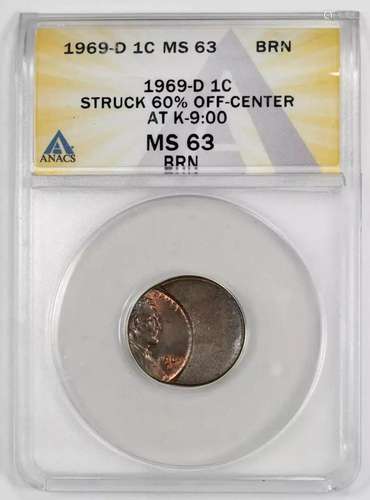 1969 D LINCOLN MEMORIAL CENT 1C ANACS MS 63 BN UNC - ERROR S...