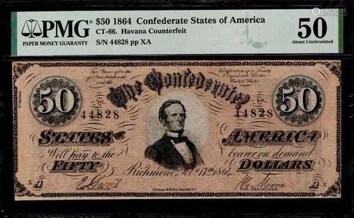 1864 $50 CONFEDERATE HAVANA CONTEMPORARY COUNTERFEIT NOTE CT...