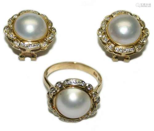 14k Yellow Gold Mabe Pearl & Diamond Jewelry Set with Ea...