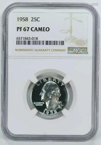 1958 PROOF WASHINGTON QUARTER 25C SILVER NGC CERTIFIED PF 67...