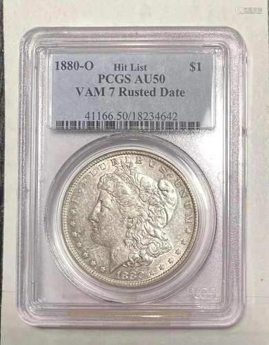 1880 O PCGS AU-50 Morgan Silver Dollar VAM 7 Rusted Date