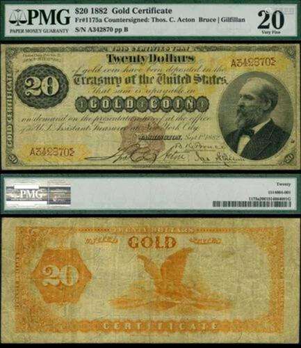 FR. 1175 A $20 1882 Gold Certificate RARE Triple Signature P...