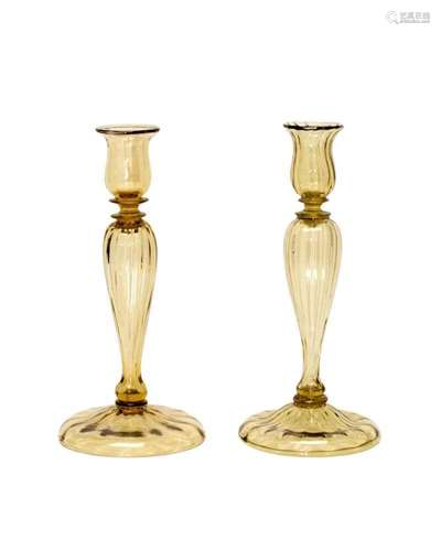 Steuben Olive Green Glass Set of 2 Candlesticks Art Glass