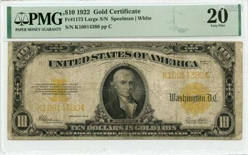 1922 $10 Gold Certificate Large S/N Fr# 1173 PMG VF20