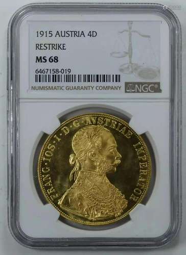 1915 AUSTRIA GOLD DUCAT 4D RESTRIKE NGC CERTIFIED MS 68 MINT...