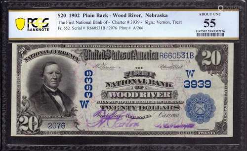 1902 PB $20 FIRST NATIONAL BANKNOTE CURRENCY WOOD RIVER NEBR...