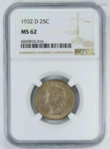 1932 D WASHINGTON QUARTER 25C SILVER NGC MS 62 MINT STATE UN...