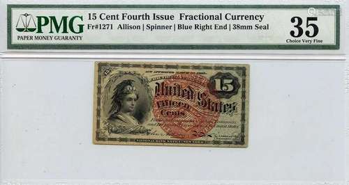 Fourth Issue 15 Cents Fractional Red Blue End 38mm Seal Fr#1...