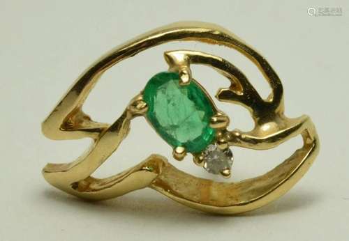 Vintage Estate 14k Yellow Gold Emerald & Diamond Pin Win...