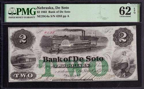 1863 $2 BANK OF DE SOTO NEBRASKA OBSOLETE NOTE PMG UNCIRCULA...