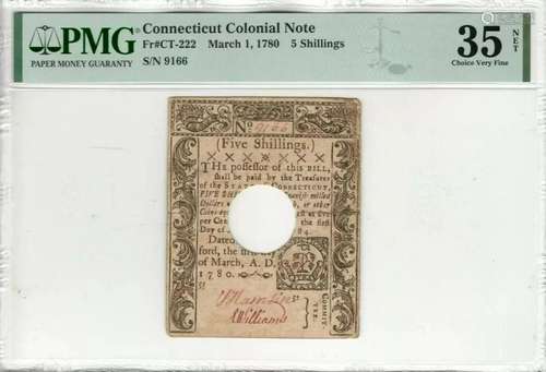 MARCH 1 1780 5 SHILLINGS CONNECTICUT COLONIAL NOTE CT-222 PM...