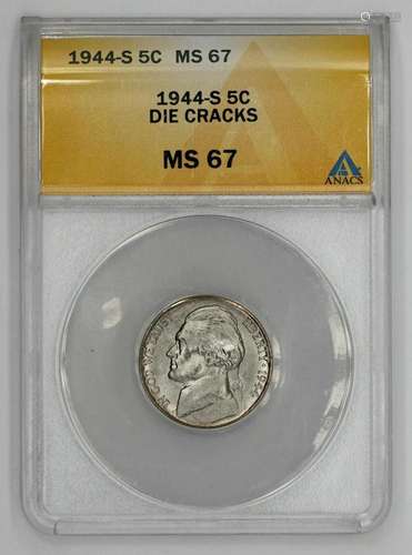 1944 S JEFFERSON NICKEL 5C ANACS CERTIFIED MS 67 DIE CRACKS ...