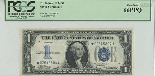 1934 $1 Silver Certificate Star Note FR#1606* PCGS 66 PPQ Ge...