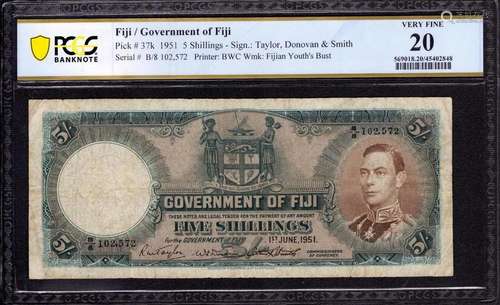 1951 5 SHILLINGS GOVERNMENT OF FIJI PICK 37K KING GEORGE VI ...