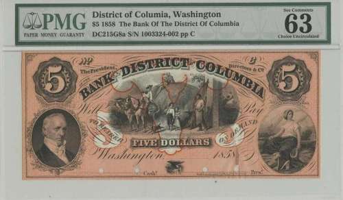 1858 $5 District of Columbia Washington PMG MS63 CH UNC