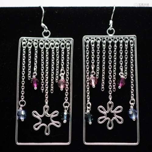 STERLING SILVER PINK BLUE STONE SQUARE HOOP EARRINGS 925 NEW...