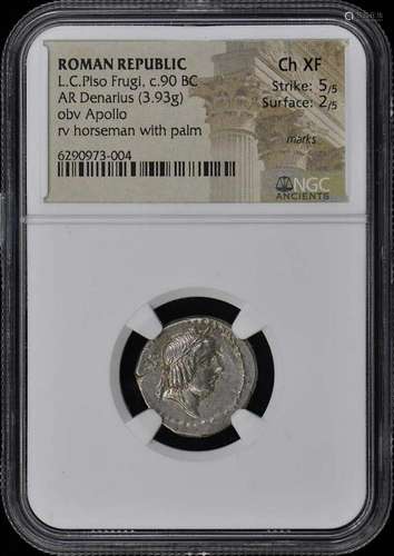 L.C.Piso Frugi c.90 BC ROMAN REPUBLIC AR Denarius NGC XF45