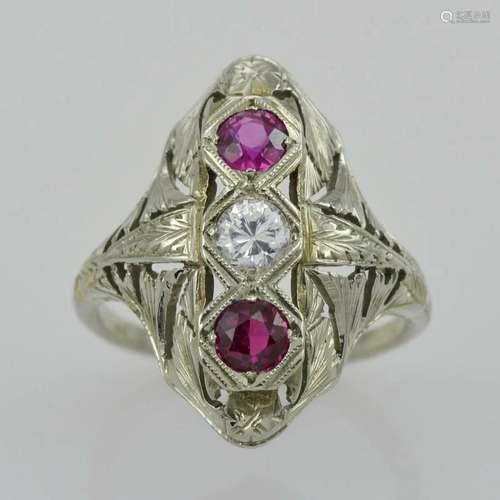 18k White Gold Vintage Ring with Synthetic Rubies & Mois...