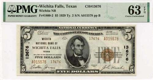 1929 Ty. 2 $5 NB of Wichita Falls TX CH#13676 PMG CH63 EPQ