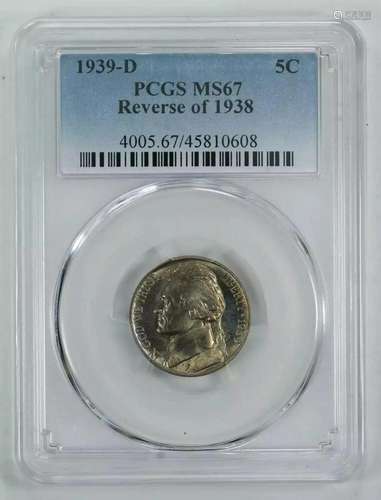 1939 D JEFFERSON NICKEL 5C REVERSE OF 1938 PCGS MS 67 MINT S...