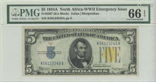 1934A $5 N. Africa PMG 66 GEM UNC EPQ FR#2307 KA Block