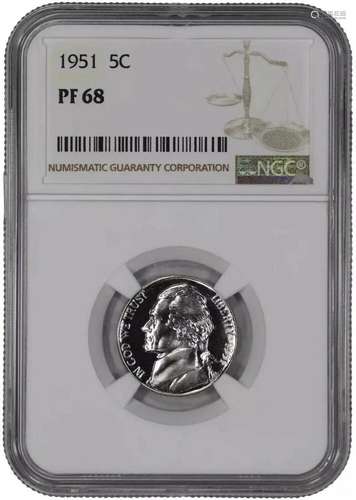 1951 PROOF JEFFERSON NICKEL 5C NGC CERTIFIED PF 68 - SPOT HA...